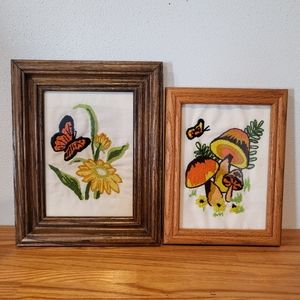 Embroidered Butterfly Flower Mushrooms Picture Frame Crewel Finished Vintage Art